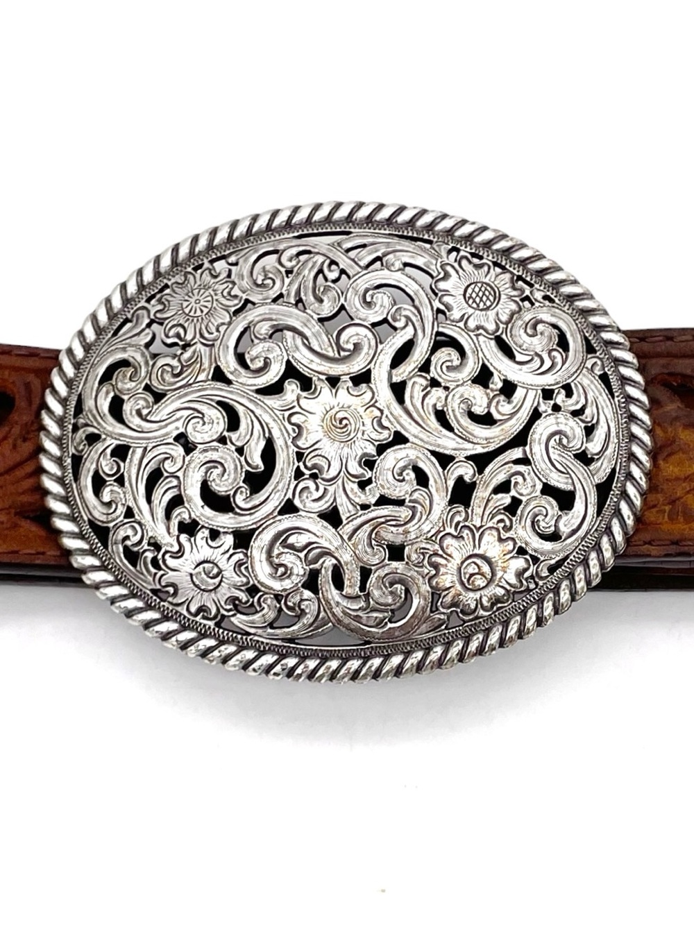 Tony Lama Leather Belt Size 32 Brown Tooled Cutout Western Floral Silver Buckle - Picture 6 of 12
